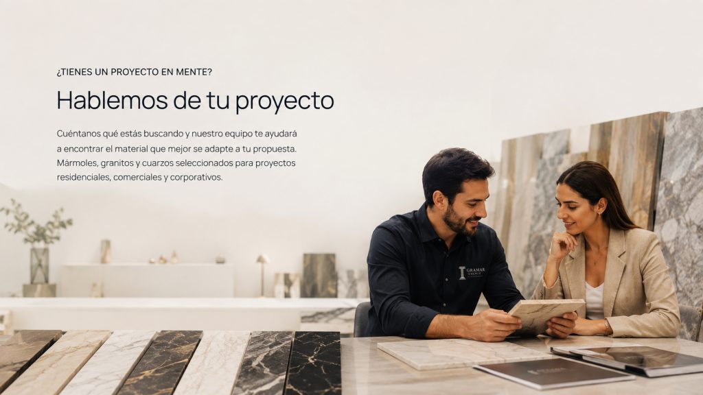 Hablemos de tu proyecto Cuéntanos qué estás buscando y nuestro equipo te ayudará a encontrar el material que mejor se adapte a tu propuesta. Mármoles, granitos y cuarzos seleccionados para proyectos residenciales, comerciales y corporativos.